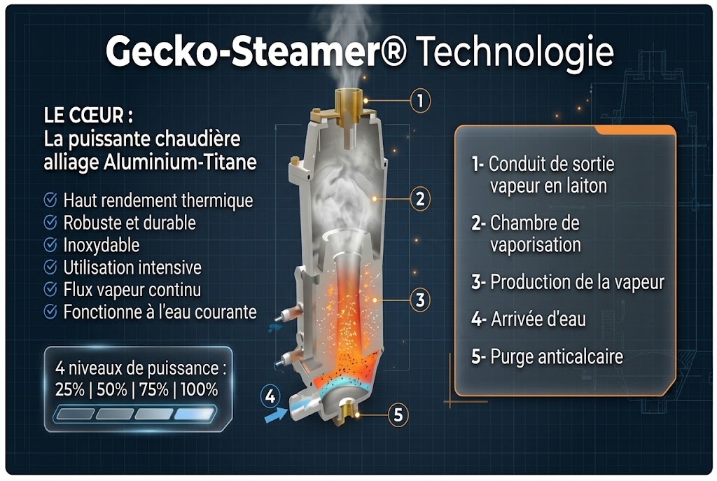Schéma technique de la chaudière alliage Titanium-Aluminium Gecko-Steamer LM58