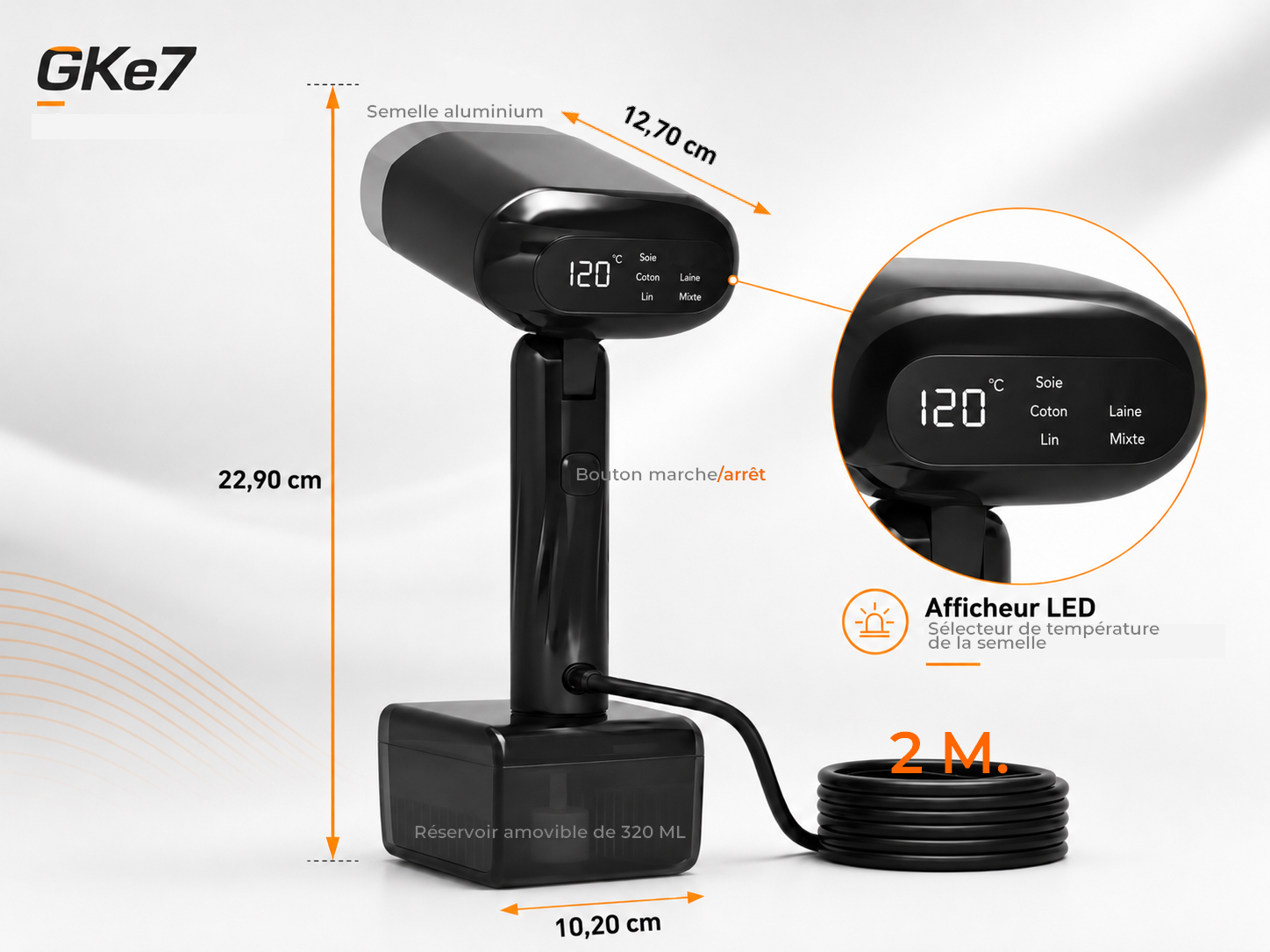 Dimensions et afficheur LED du défroisseur portatif Gecko-Steamer GKe7